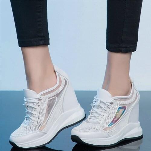 Fashion Sneakers Women Genuine Leather Wedges High Heel Ankle Boots Female Breathable Lace Round Toe Pumps Shoes Casual Shoes