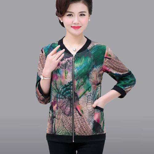 Middle Aged Woman Autumn Long Sleeve Jackets Casual Faux Silk Printing Thin Short Outerwear Female Zip Up Plus Size Coat W523