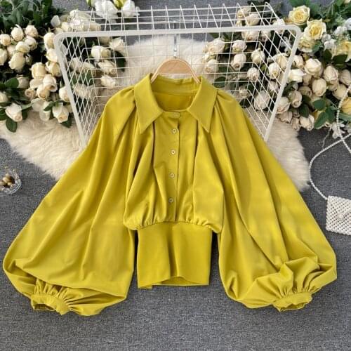 Chic Exaggerating Big Lantern Sleeves High Waist Women Blouse Super Fashion Elastic Waist Chiffon Shirt Top