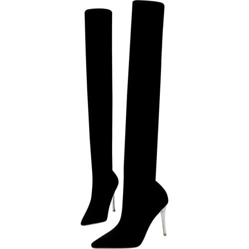 Женские сапоги, тонкие каблуки, высокие каблуки, острые каблуки, сапоги на коленках, эластичные сапоги, весенняя осень