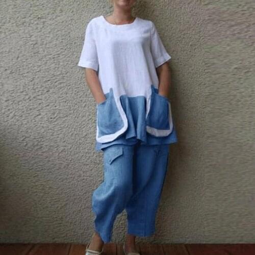Women Casual Short Sleeve Set Summer Cotton Linen 2 Piece Set Outfits Loose O Neck Pullover Tops + Loose Pants Suits Pocket Lady