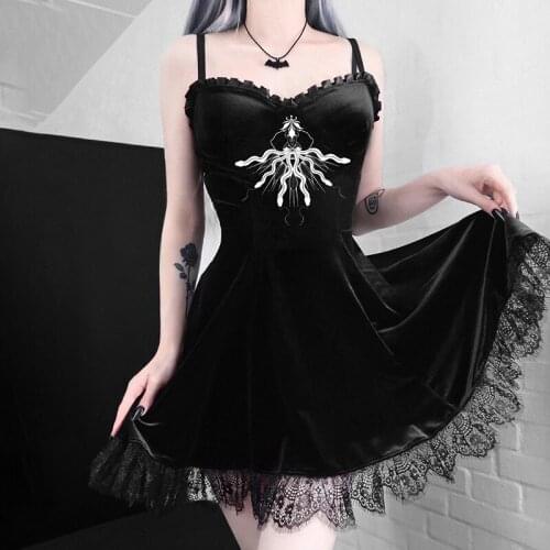 2021 Velvet Embroidery A-Line Dress Women Lace Adjustable Strap Wrap Low Cut Blue Black Gothic Chic Party Garment Trendy