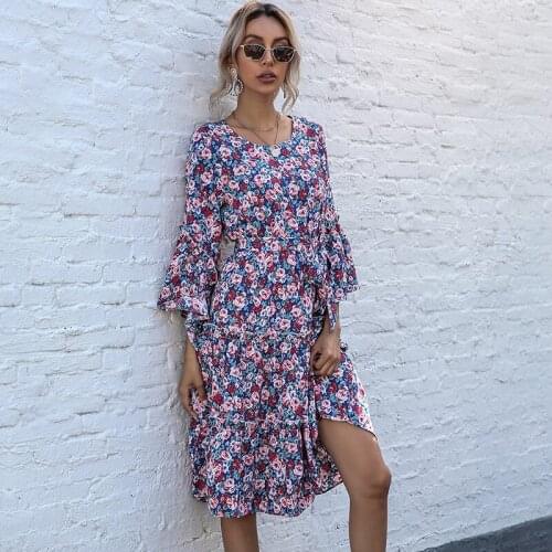 Women Casual Printed Chiffon Strap Floral Sweet Dress 2021OL Commuter Office Long-sleeved Midi Dress Sexy Slim Belted Dresses