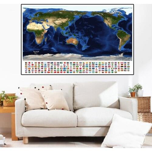 150*100 cm The World Satellite Map With National Flags Non-woven Canvas painting Wall Art Poster Living Room Home Decoration