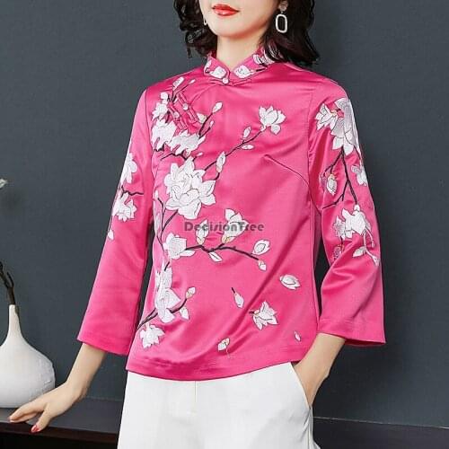 2021 chinese traditional qipao blouse women festival clothing cheongsams flower embroidey satin qipao blouse cheongsam tops