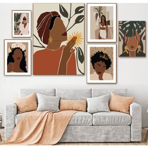 Abstract Fashion Black Girl Canvas Painting Nordic Modern Plant Flower Wall Art Posters and Prints Home Decoration Living Room