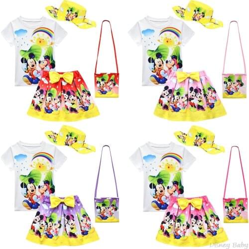 Disney Mickey Minnie Girls Birthday Party Tshirt Skirt Bag Hat Suit Girls Clothing Set Baby Kids Toddler Girls Set Clothes