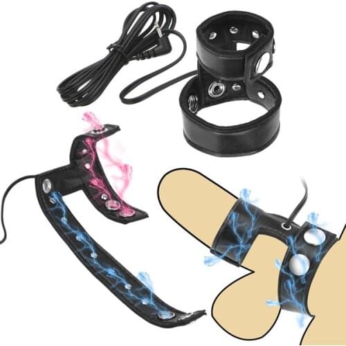 Electric Shock Leather Penis Ring Penis Enlarger Delay Cock Ring Electro Stimulation Medical Theme Male Masturbation Sex Toy