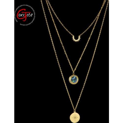 Goxijite Women Three Layers Gold Necklace Stainless Steel Colorful Shell Compass Multi-layer Charm Necklaces Party Jewelry Gift