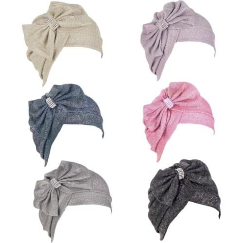 Women Muslim Hijab Turban Hat Cross Front Forehead Rhinestone Big Bow Bonnet Head Scarf Islamic Ruched Headwrap Cap