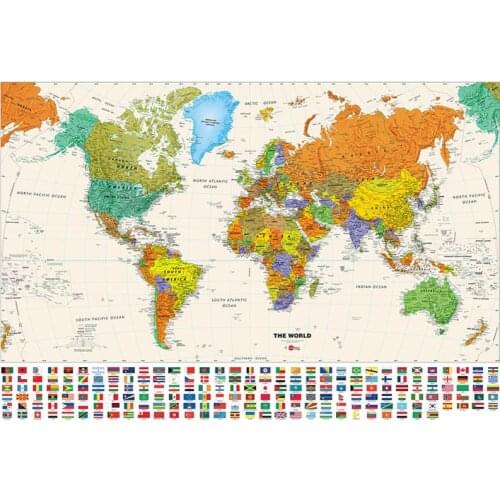 The World Physical Map Hammer Projection With National Flags 150x100cm Non-woven Waterproof Map For Beginner
