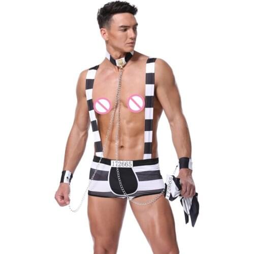 Striped Men Prisoner Costume Halloween Cosplay Uniform Sexy Lingerie Set Suspender Boxer Shorts With Hat Chain Collar Wristbands