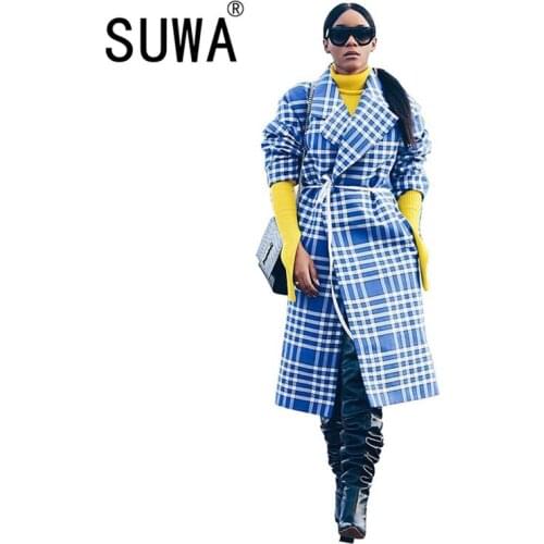 Contrast Color Blue Plaid Printed Elegant Fashion Classic Women Coats And Jacket Autumn Winter Office Lady Top Windbreaker