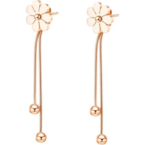 Minimalist korean rose gold studs earrings for women 2020 fashion stainless steel Flowers bead chain tassel ear jewelry gifts