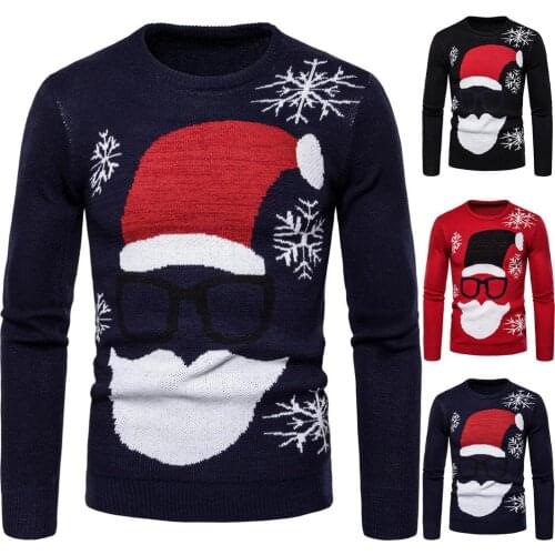 Mens Knitwear Santa Print Sweater Long Sleeve Round Neck Base shirt Casual Slim Pullover for Spring/Fall/Winter