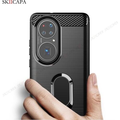 Carbon Fiber Soft Silicone TPU Phone Case for Huawei P50 Pro P Smart 2021 Y7A Y6P P40 Pro Y7P Plus Ring Holder Stand Phone Cover
