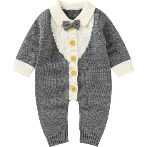 Newborn Baby Boys Outfits Clothes Toddler Knit Long Sleeve Romper Infant Hansome Jumpsuits Overalls with Bow Tie