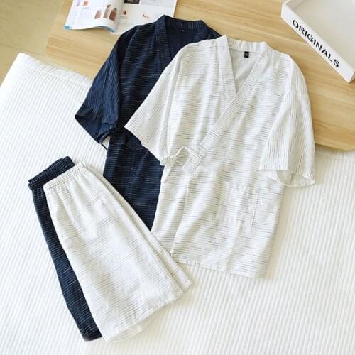 Mens Pajamas Kimono Summer Cotton Short Sleeve Shorts Set New Japanese Sleepwear For Men Loose Casual Homewear