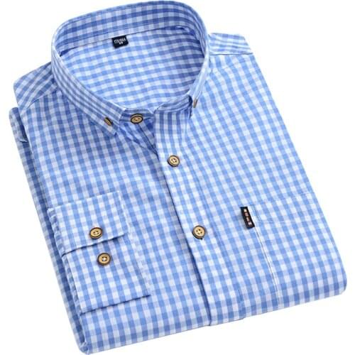Classic Small Plaid Long Sleeve Shirt For Men Vogue Casual Checkered Button Collar Shirts Regular Fit 100% Cotton Nice Pop