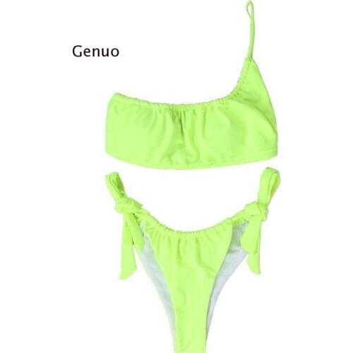 Sexy Swimwear Women Neon Green One Shoulder Cut Out Pleat Bikini Brazilian Push Up Bandage Bathing Suit Thong Swimsuit Biquini
