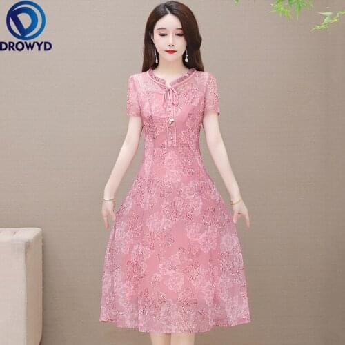 Chiffon Short Sleeve Dress for Women Summer New Party Beach Knee Dress Elegant Ruffle Neck Printed Dresses Floral Party Vestidos