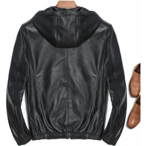 High Quality Genuine Jacket MenFashion Hooded Real Sheep Skin Leather Coat Spring Autumn cazadora cuero genuino hombre