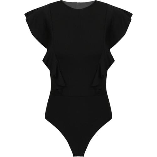 Women Bodysuit Tops Ruffle Cap Sleeve Solid Color Zipper Romper Blouse Summer 2021 Streetwear Female Office Lady Casual Jumpsuit