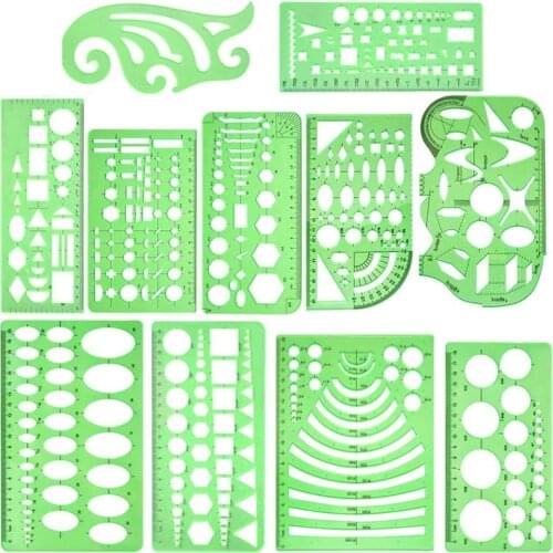 Nonvor 11 Pcs Geometric Drawings Templates Measuring Rulers Plastic Measuring Templates Plastic Geometry Stencils with 1 Pack
