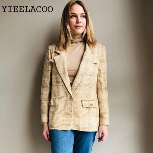 Apricot Plaid Jacket Autumn/Winter Womens Jacket Tweed Long Sleeve Business Ladies One Piece Jacket Coat