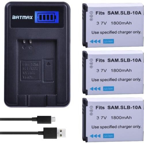 Batmax 3pc SLB-10A SLB10A Rechargeable Camera Battery+LCD USB Charger for Samsung P800 P1000 PL50 PL51 PL55 SL420 SL502 SL620