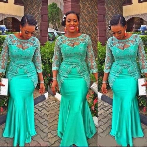 Turquoise African Mermaid Evening Dress 2019 Vintage Lace Nigeria Long Sleeve Prom Dresses Aso Ebi Style Evening Party Gowns