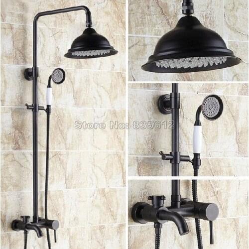 Black Oil Rubbed Bronze Wall Mounted Bathroom Rain Shower Faucet Set with Bathtub Mixer Taps + Ceramic Handheld Shower Wrs348