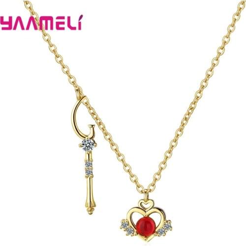 Designer Small Red Crystal Heart Fashion Simple Temperament 925 Sterling Silver Gold Color Cubic Zirconia Chain Necklace Jewelry