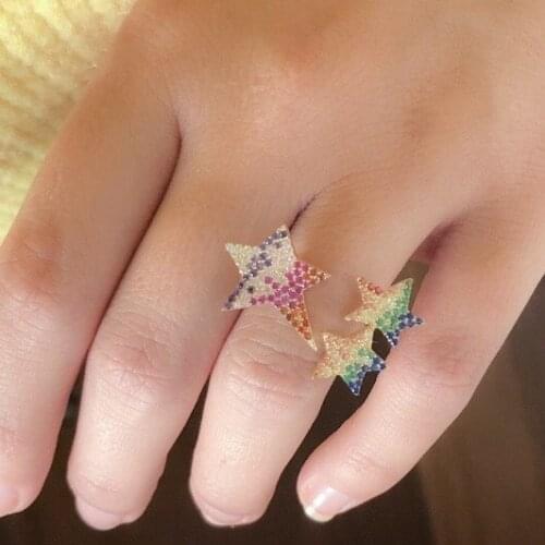 European 2019 new arrived hot selling rainbow cz star eternity ring band Gold filled open fashion cz rings