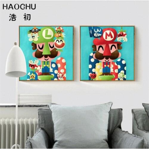 HAOCHU Super Bros Japanese Game Poster Cartoon Character Oil Painting Abstract Wall Picture for Kids Nursery Room No Frame