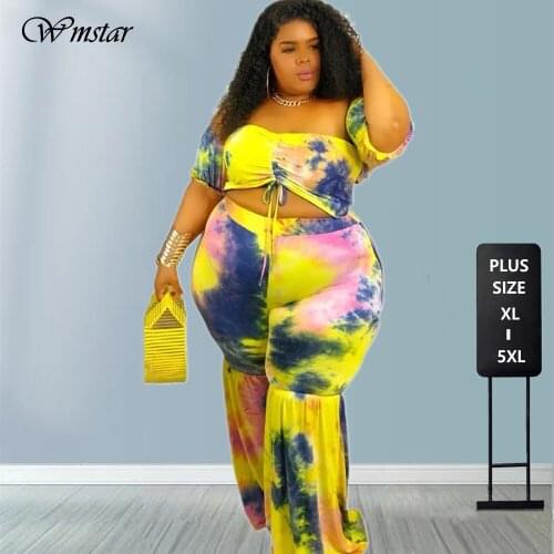 Two Piece Set Women Plus Size Sets Summer Sexy Print Pleated Lace Up Flared Pants Suit Fashion Streetwear Wholesale Dropshipping