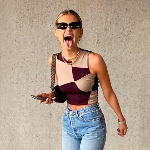 2021 Patchwork Sleeveless Crop Top Women Summer Casual Basic T Shirts Sexy Off Shoulder 90S Brown Sleeveless Tank Tops