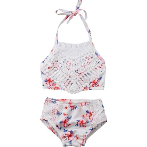 Toddler Girl Swimwear Kid Bathing Suit Lace Floral Swimming Costume Children Swimsuit Bikini Set Halter Clothing Set