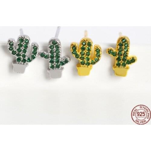 LKO Refreshing Green Color Zircon Crystal Cactus Stud Earrings S925 Sterling Silver for Women Female Party Jewelry Earrings