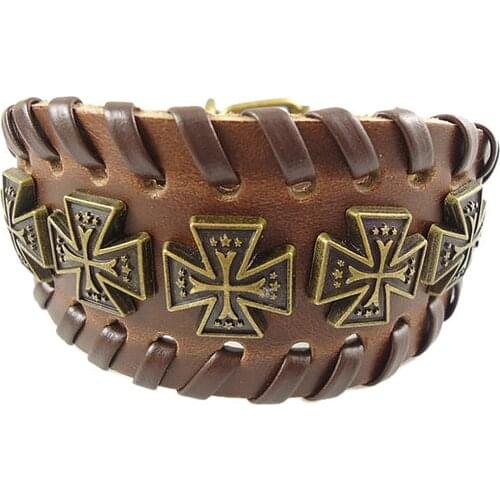 Trendy Punk Religious Charms Cross Braided Wide Belt Buckle Vintage Leather Chain Cuff Mens Female Bracelet Women Jewelry