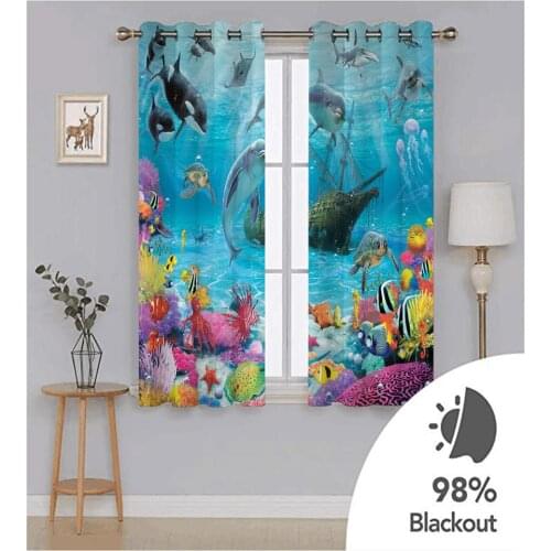 Cartoon Blue Ocean Tropical Fish Coral Undersea World Curtain Underwater Sea Animal with sailboat Drapes For Kids room Bedroom