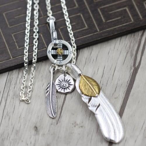 Takahashi Goros S925 Sterling Silver Retro Thai Silver Feather Necklace Men And Womens Chain Cross Wheel Chain Set Necklace