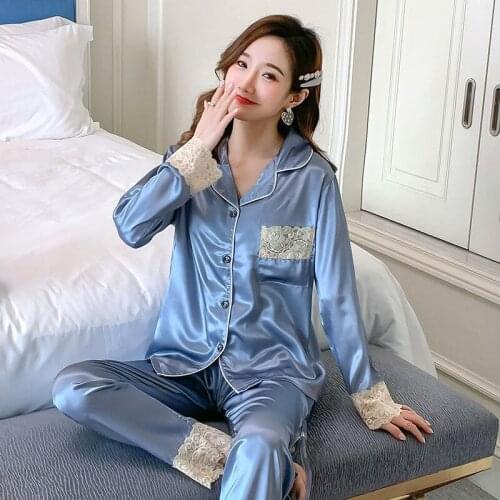 2021 New Womens Pajamas Trouser Suits Korean Sexy Female Casual Homewear Pajama Set For Ledies Sleepwear Splicing Satin Pajamas
