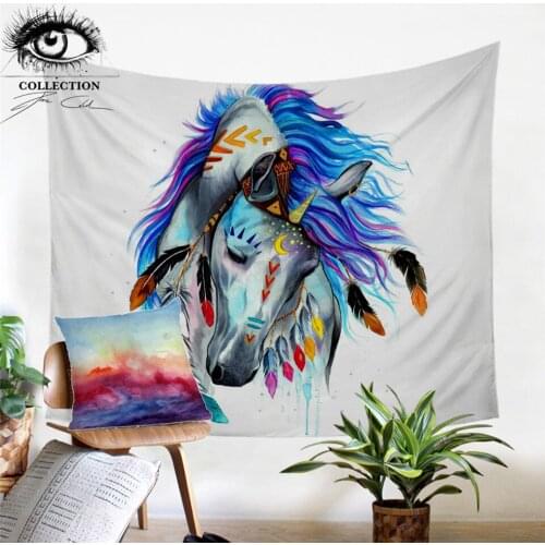 Pferd by Pixie Cold Art Tapestry Tribal Horse Wall Hanging for Bedroom Colorful Animal Wall Carpet Watercolor Bedspreads 130x150