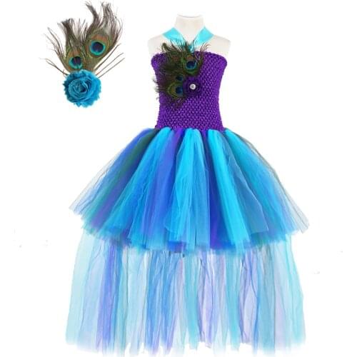 Purple Blue Peacock Tutu Dress for Girls Princess Pageant Dresses with Long Trailing Halloween Costume for Kids Birthday Party