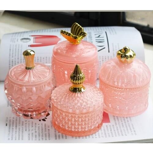 European-style Pink Glass Jewelry Storage Jar Home Kitchen Storage Jar Snack Candy Jar Desktop Candle Jar Creative Decoration