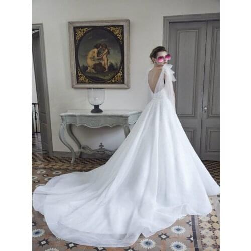 Gorgeous White Wedding Dresses Organza Appliques Beads Long Chapel Train 2020 Bridal Dress For Women Ball Gown Vestido De Noiva