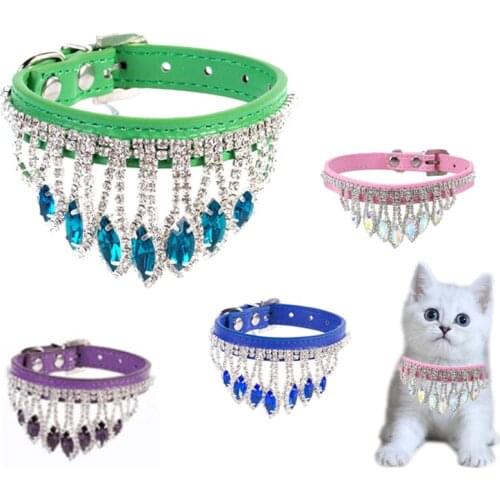 Vintage Luxury Cat Collar Adjustable Pu Cat Pendant Necklace Tassel Diamond Bling Pet Collar Fashion Gemstone Kitten Accessories