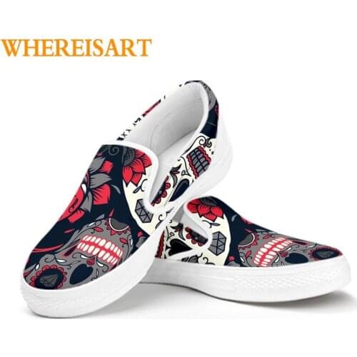 WHEREISART Punk Sugar Skull Pattern Slip On Casual Loafer Shoes Woman Comfortable Female Flats Sneakers Round Toe Ladies Shoes