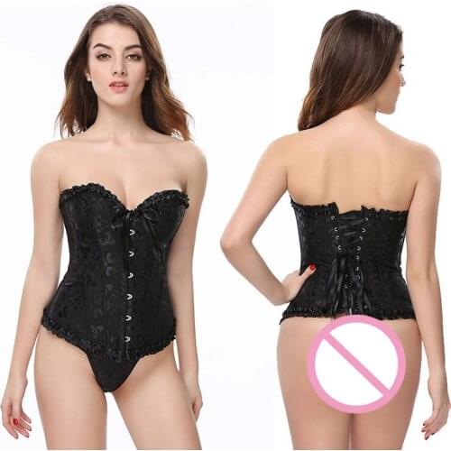 Womens Brocade Overbust Steel Boned Bustier Corset Medieval Lace Up Shaper Underbust Lingerie Tops with Thong Victorian Vintage